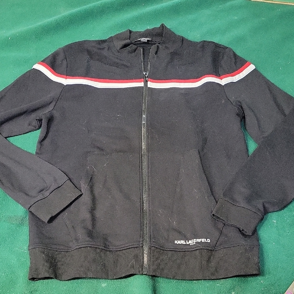 .ens L Karl Lagerfeld Paris track jacket black with white and red stripes. NWT
